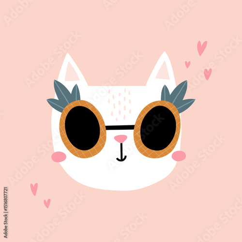 vector illustration of a cute cat face wearing pineapple glassees