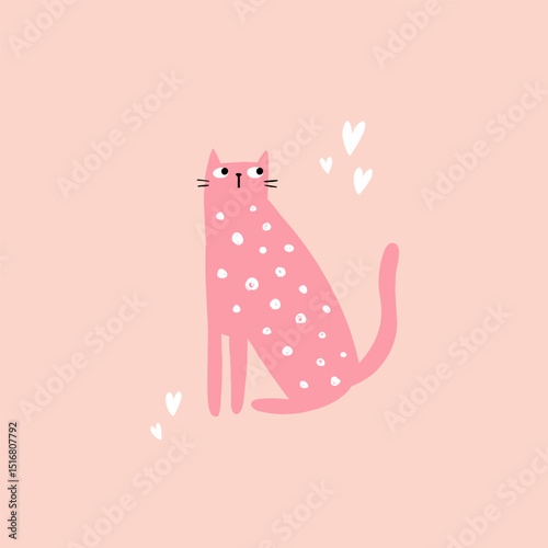 vector illustration of a cute pink cat and little white hearts