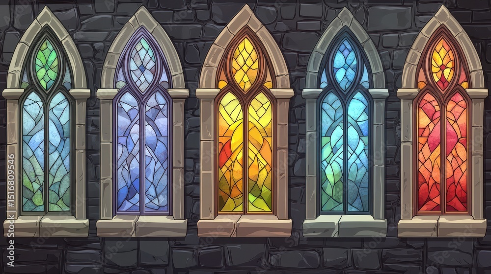 Fototapeta premium Colorful stained glass windows with stone frame. Vector cartoon set of medieval gothic mosaic windows for interior of catholic cathedral, castle, palace, chapel and antique house