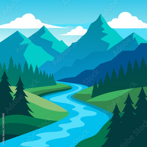 A river surrounded by forest and mountains landscape vector background.