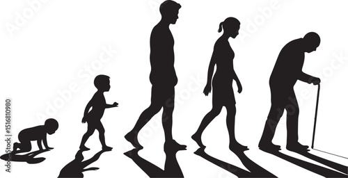 Life cycles of man from a little baby to senior man silhouette vector illustration.