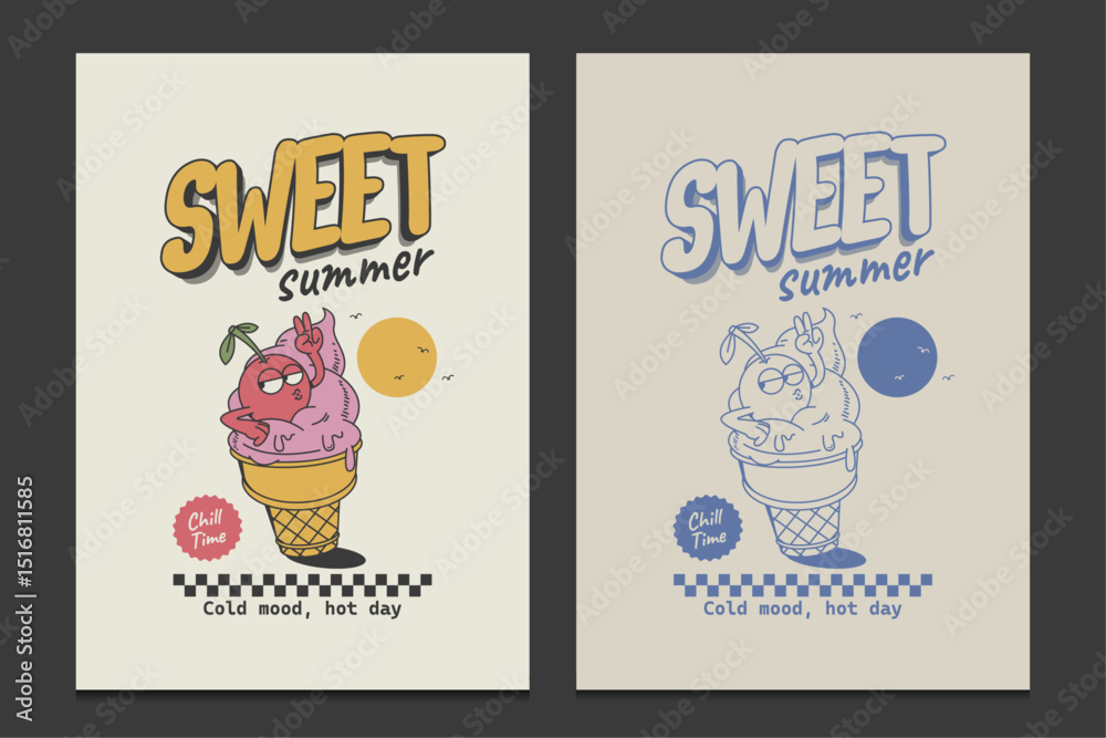 cartoon summer poster with retro ice cream character, vector illustration