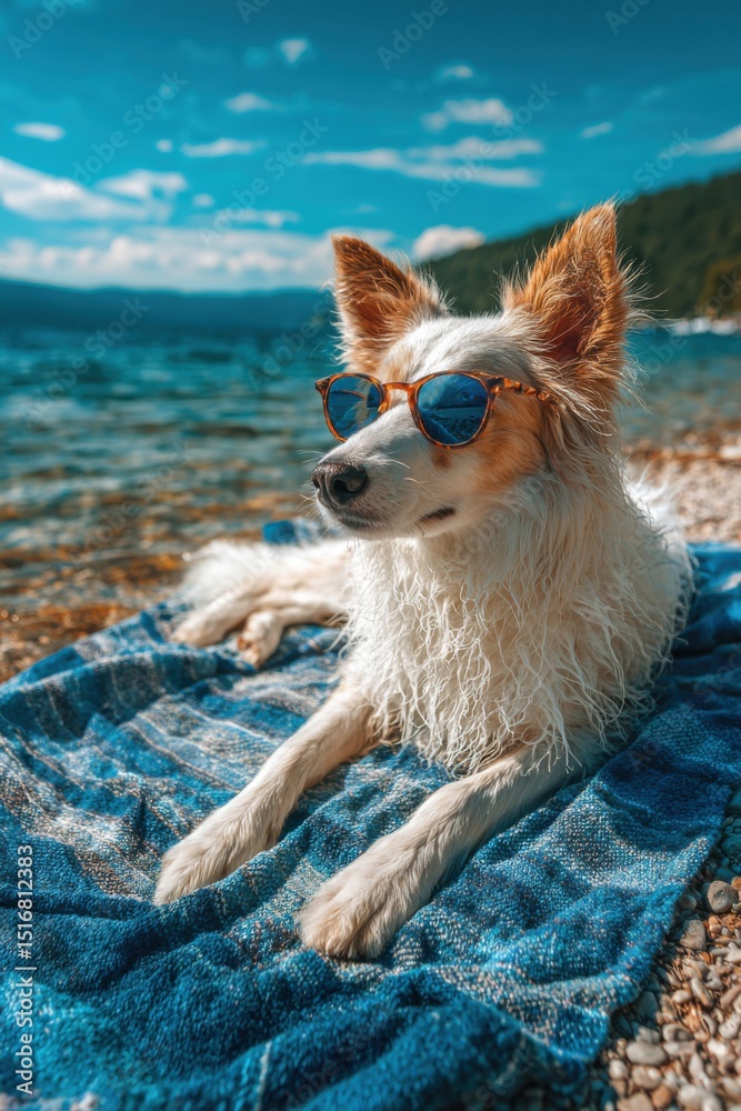 Fototapeta premium Dog wearing sunglasses relaxing on a blue blanket by the water, enjoying a sunny day at the beach, surrounded by nature and a clear sky, embodying a carefree lifestyle