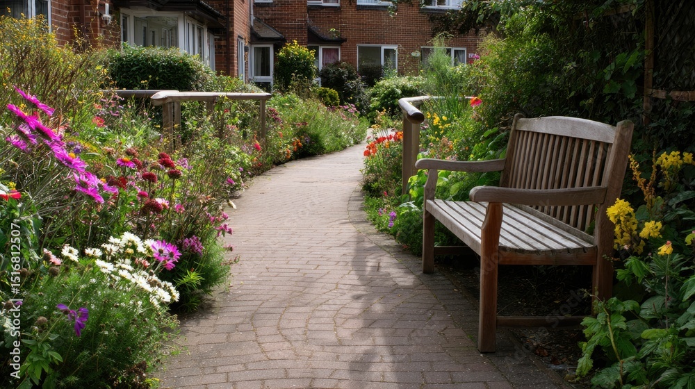 Obraz premium Serene Garden Path Tranquil Retreat in English Cottage Setting