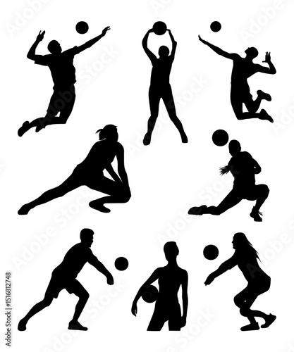 Art & Illustration. A versatile collection of dynamic volleyball player silhouettes in various poses, capturing the essential movements of the sport. 
