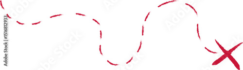 Treasure map element. A dashed line and red X mark ink on the map, the treasure map with a dotted line, X marks the spot, dashed line to an X, red ink	
