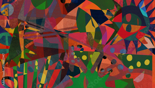 Veil of Hues - Colorful Abstract Geometric Collage with Overlapping Shapes and Textured Patterns