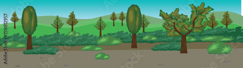 Cartoon hills and fields, nature panorama landscape background design