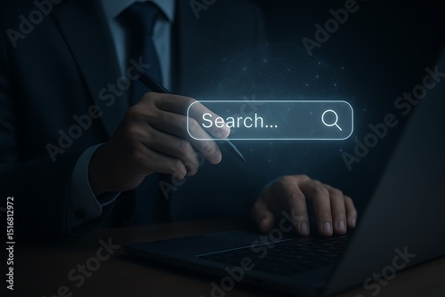 Businessman using laptop and digital search bar