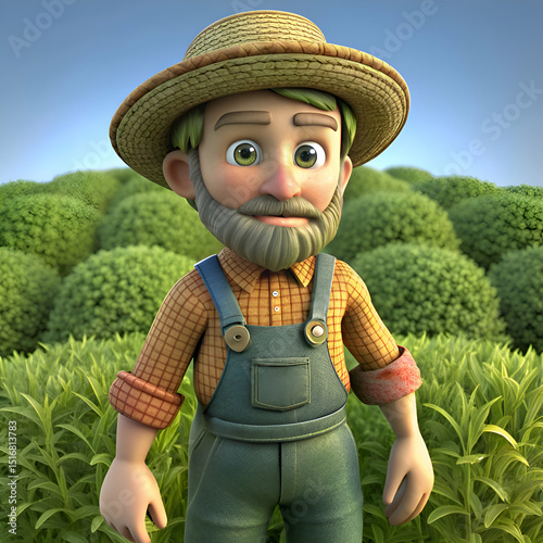 Friendly farmer in straw hat smiles.