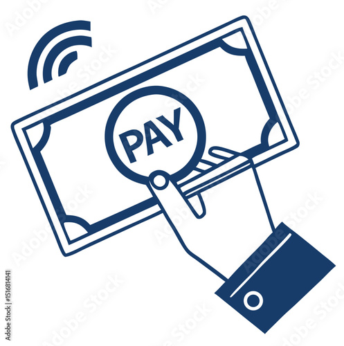 Contactless payment concept depicting hand holding currency and wireless signal