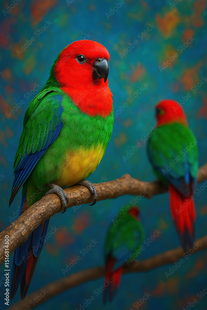 Obraz premium Vivid Red-and-Green Parrots Perched on Branch Against Vibrant Teal Background