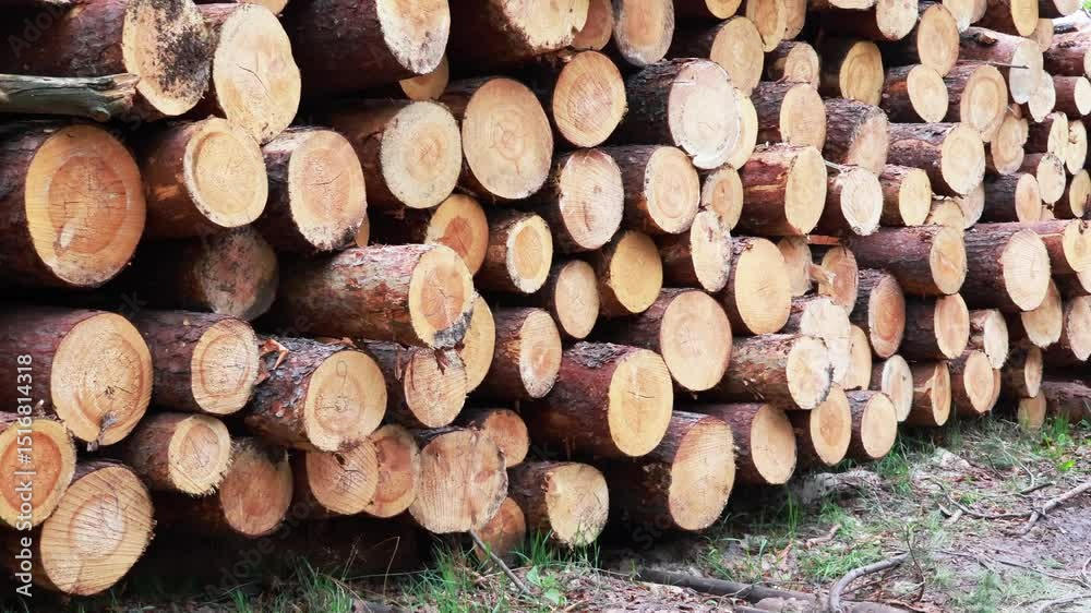 Several logs are stacked closely together in a lumber yard, highlighting their natural beauty and varying colors. The arrangement creates a tidy and organized appearance in the outdoor setting