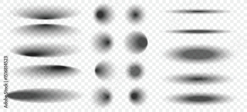 Realistic round shadows. Square transparent surface shades, floor oval and circle blurry edges shadows vector isolated templates set. Template shadow soft, realistic shape shade illustration