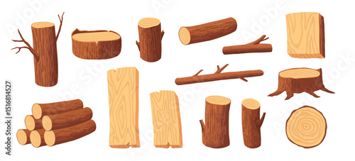 Cartoon stacked trunks. Wooden trunk cutting tree timbers materials, cut wood log lumber piece logging trees stump board hardwood construction material set neat vector illustration of trunk lumber