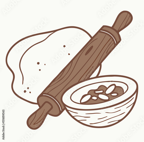 Cooking preparation dough rolling pin bowl and kitchen utensils illustration