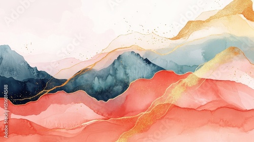 Mountain background vector. Minimal landscape art with watercolor brush and golden line art texture. Abstract art wallpaper for prints, Art Decoration, wall arts and canvas prints. illustration , no 