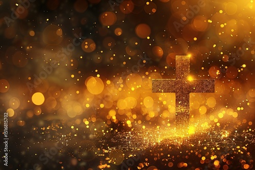 Sparkling cross symbol illuminated in a gold bokeh light shining brightly