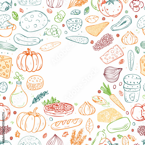 Seamless vector banner with hand drawn supermarket products illustrations. Background with doodle food sketches. Concept for grocery delivery and shopping. Cooking ingredients pattern