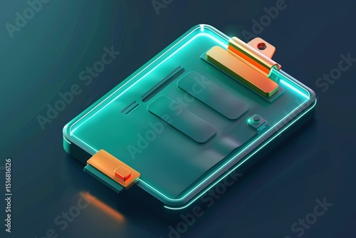 Stylized clipboard with golden accents and a glowing teal outline Futuristic design