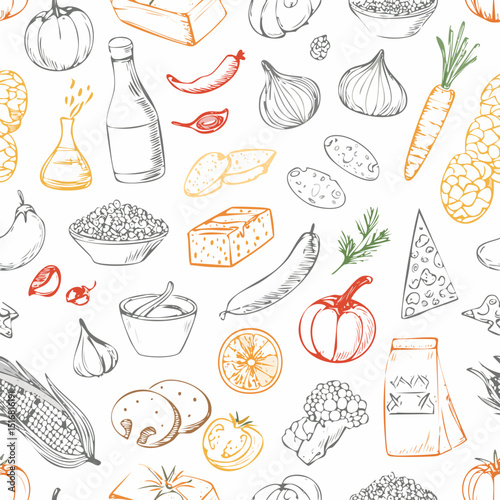 Seamless vector banner with hand drawn supermarket products illustrations. Background with doodle food sketches. Concept for grocery delivery and shopping. Cooking ingredients pattern