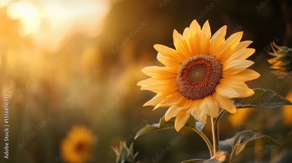 Fototapeta premium A stunning sunflower stands tall and proud amidst a sunlit field, showcasing vibrant yellow petals and a textured center, symbolizing cheerfulness and nature's beauty.