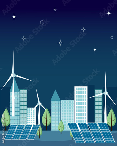 vector  night eco town with windturbines and solar panels