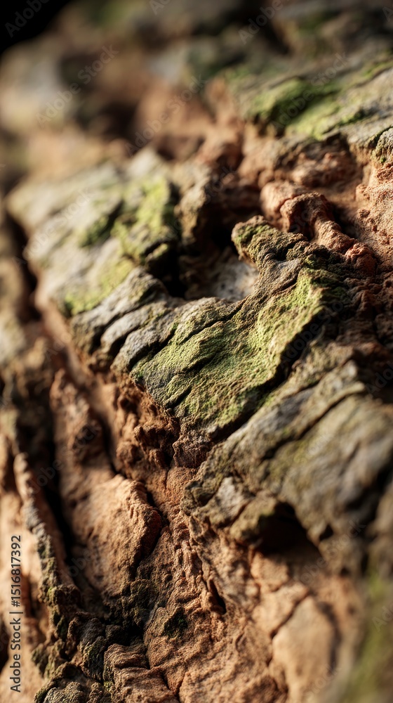 Macro shot of raw tree bark with intricate patterns, moss growing in fine crevices and sunlight Macro shot of raw tree bark with intricate patterns, moss growing in fine crevices and sunlight