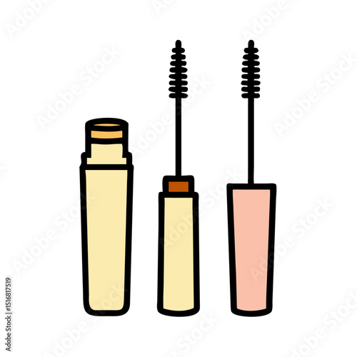 Flat vector illustration of various mascara bottles and applicators for beauty and cosmetic concepts