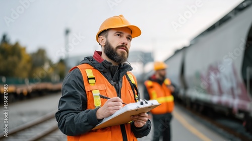 Evening Freight Car Check by Reflective Vest Workers