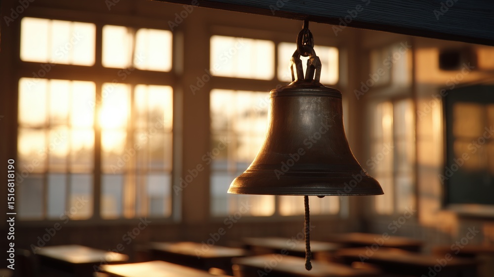 Obraz premium A final school bell ringing, with an empty classroom bathed in golden evening light, pure nostalgia