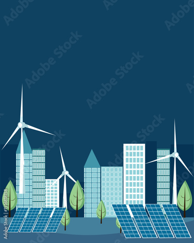 vector  night eco town with windturbines and solar panels