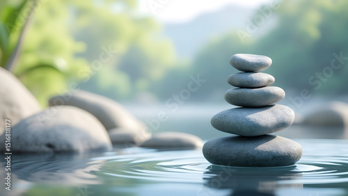 Serene balance zen rocks balanced in water displaying harmony and peace with blurred nature background for meditation and spa concepts photo