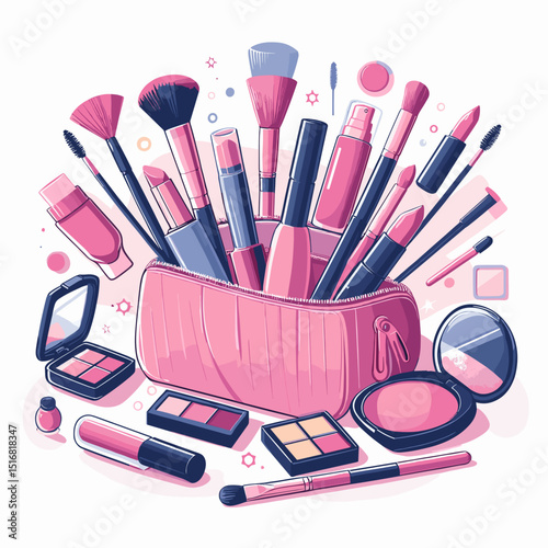 Colorful makeup kit with brushes, lipsticks, and cosmetics displayed in a stylish design