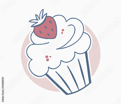 Cute hand drawn cupcake with fresh strawberry topping on pink background