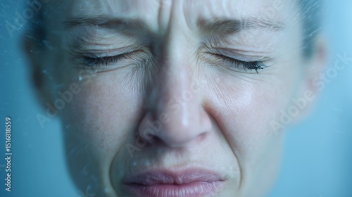 Close-up of a woman cheek, nose, and closed eye visibly squished against a clear glass surface, causing the skin to warp and bulge slightly.