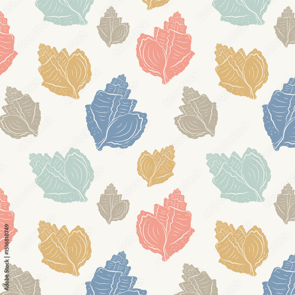 Obraz premium Summer seamless marine pattern with seashells. Minimalist vintage marine silhouettes. Tropical beach shells