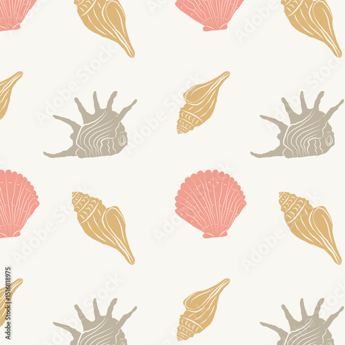 Vintage seamless marine pattern with hand drawn seashells. Vintage marine silhouette in groovy naive style. Summer coastal design element for prints, fabrics, wallpaper, packaging, wrapping, tshirt