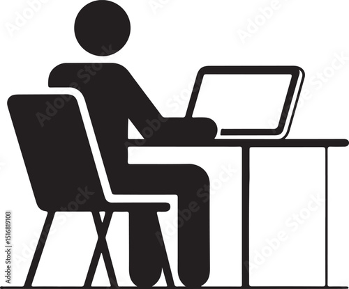 Office worker vector icon isolated on white background. Working place at the table with a laptop. Flat work computer icon