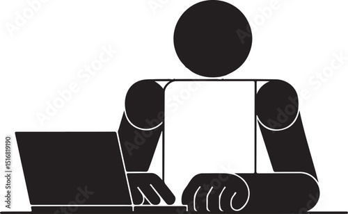 Office worker vector icon isolated on white background. Working place at the table with a laptop. Flat work computer icon