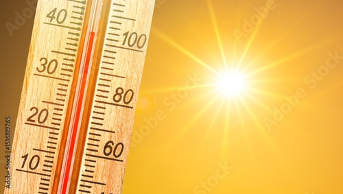 Photos Thermometer indicating high temperature, summer heat wave