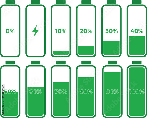 Battery Charge Level Indicator Set 0-100% | Progress Icons for Energy, Power, and Device UI Design