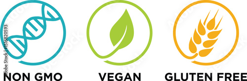 Non GMO, Vegan, Gluten Free Icons | Healthy Food Product Labels