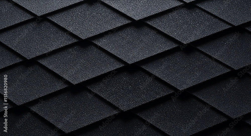 Fototapeta premium Modern black roof tiles close-up, textured geometric pattern, abstract architectural background, diagonal slate shingles with granular surface for roofing, construction, or design texture