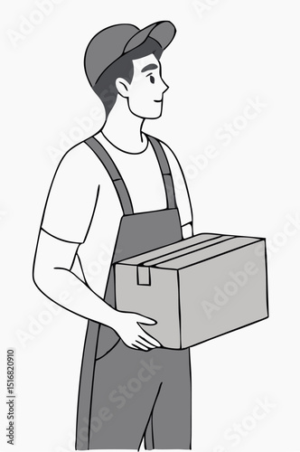 Delivery man carrying cardboard box ready to provide service.