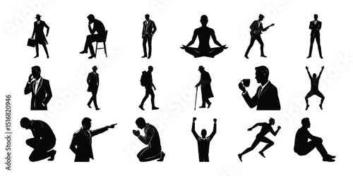 collection of different silhouette male body posing . silhouettes of a men