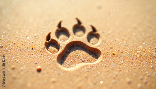 Animal paw print imprinted in wet sand on a beach