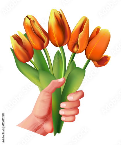 Tulip. Bouquet of five tulips in hand on a white background. Perennial spring-summer flower with broad leaves. Used web design for holidays, collages, stickers, postcards