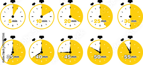 Yellow Timer Clock Icons Showing Minutes 5 to 55 | Time Management and Countdown Graphic