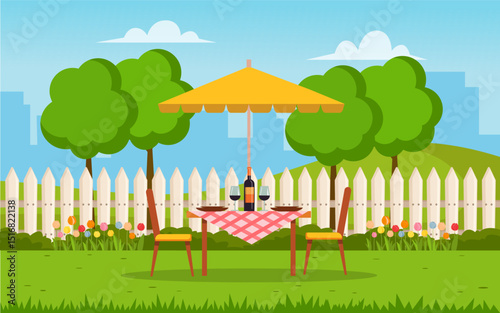 House backyard with table, chair, green lawn, fence and trees. Outdoor cartoon backyard background in flat style. Vector stock